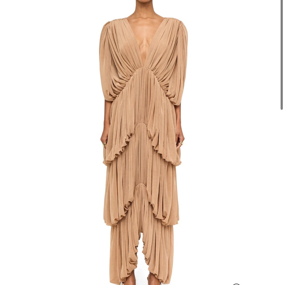 Ronny Kobo Damier Tiered Dress in Nude
